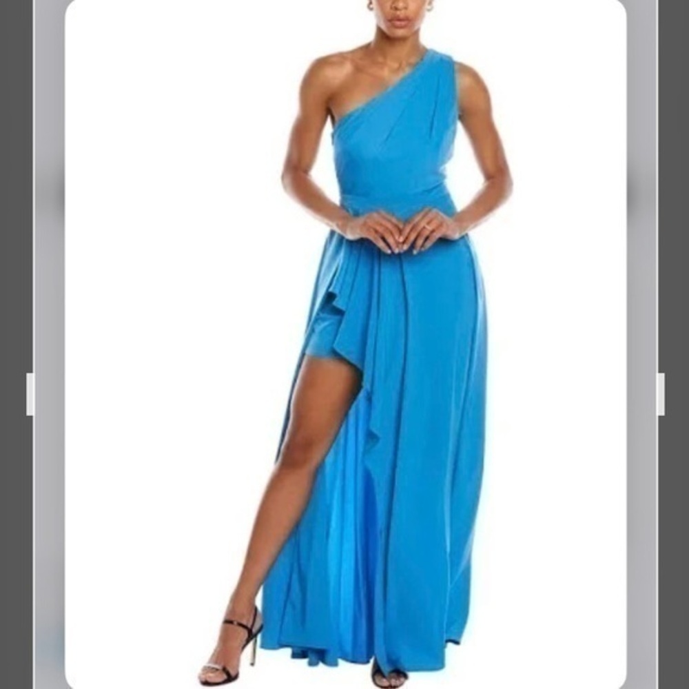 Aidan by Aidan Mattox One Shoulder Draped Pleated Side Slit Gown in Ocean Blue